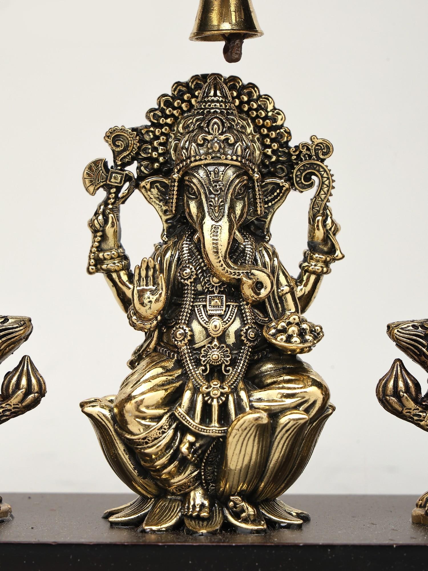 9" Wood Framed Superfine Lord Ganesha with Mushak in Brass | Wall Hanging - 2