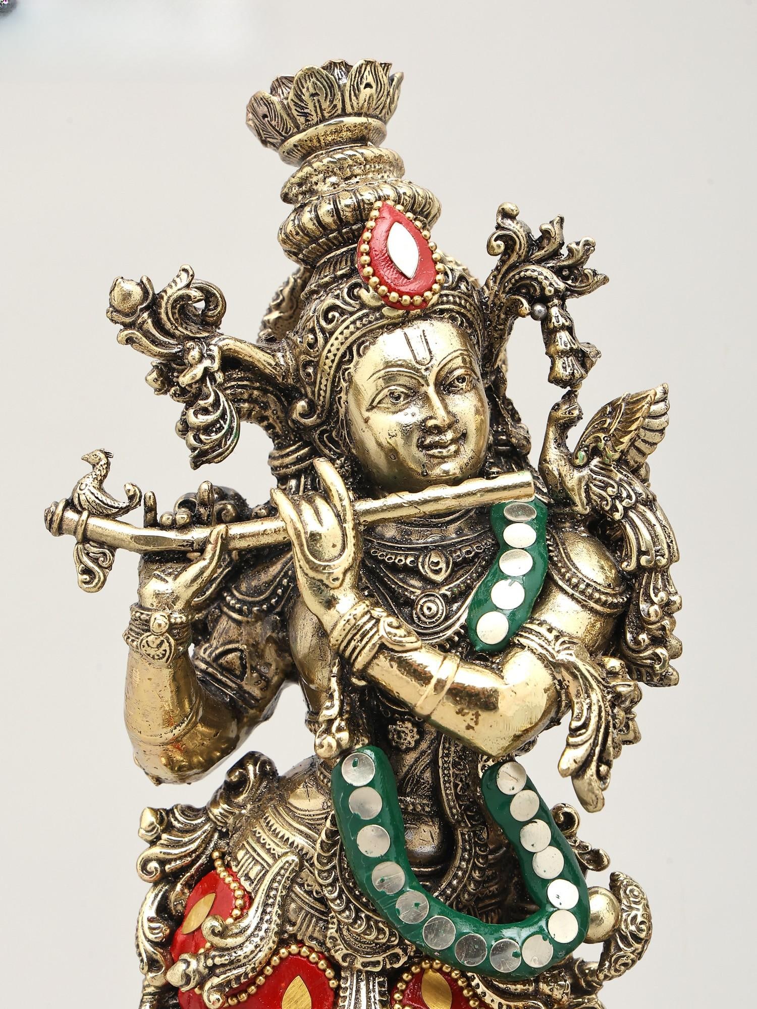 11" Superfine Standing Radha Krishna Pair | Brass Statues with Inlay Work - 2