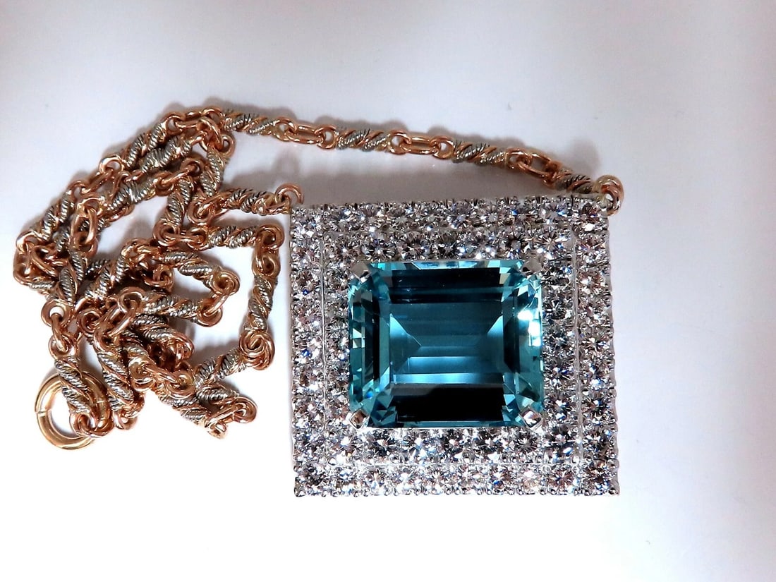GIA Certified 25.48ct. Natural "Blue" Aquamarine 15ct Diamonds Necklace 18kt**: MAGNIFICENT JEWELS Cluster Squared Halo Mid Century Mod GIA Certified: 25.48ct "Blue" Aquamarine & Diamonds necklace. Emerald Cut Vibrant Blue Aqua color 19.55 X 16.78 X 10.39mm Report #2183345383 1