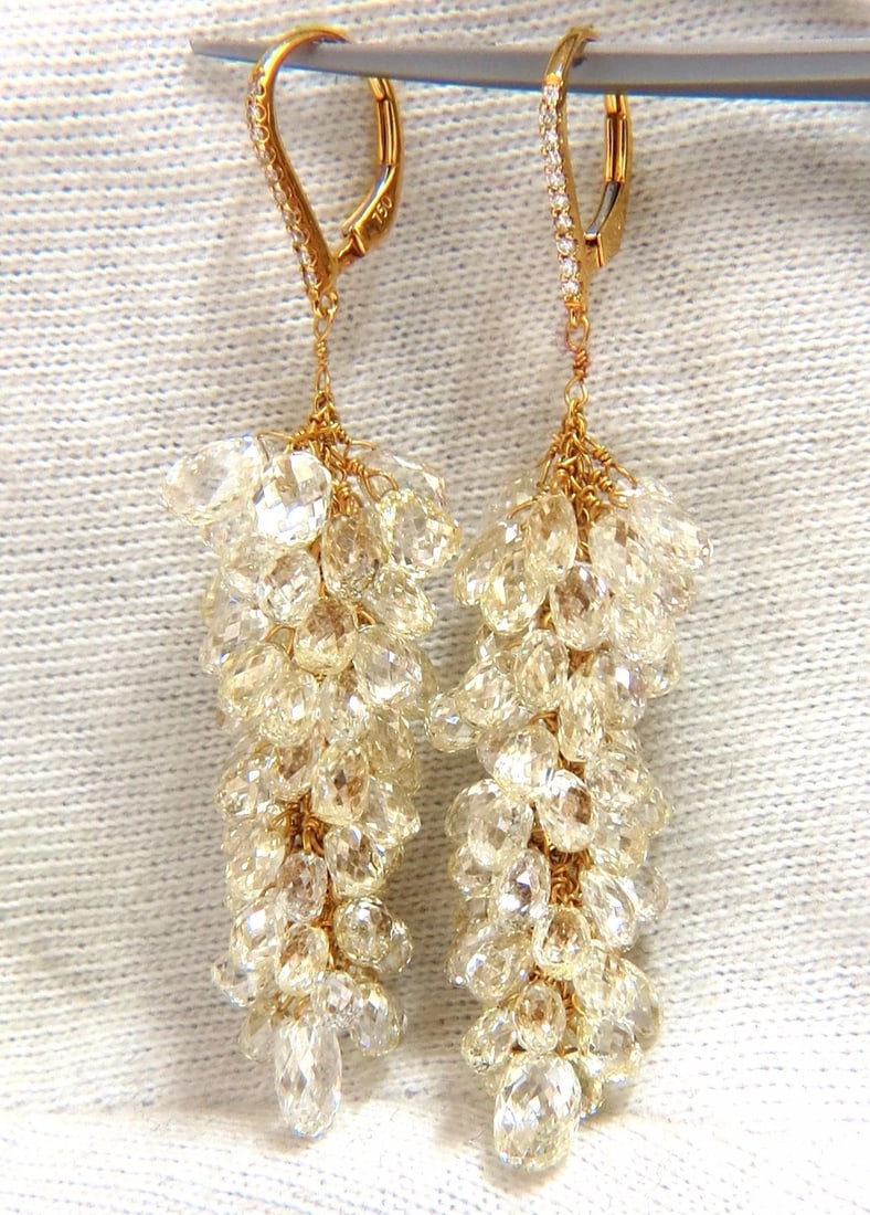 50.15ct Natural Fancy color briolette diamond dangle earrings 18kt grapevine**: Floating Grapevine Fancy Diamonds Briolette Earrings 50cts of Rose Cut / Briolette diamonds: I-J Colors Vs-2 Si-1 clarity. .15ct. Upper Tier White Diamonds: G-color Vs-2 clarity. 18kt. yellow gold 12.