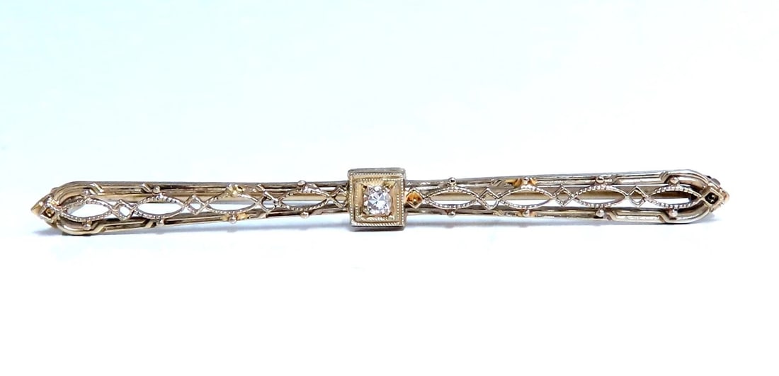 .05ct Natural Diamond Gold Pin Edwardian Deco Vintage**: Vintage Gold Brooch Pin .05ct natural round diamonds H-color Vs-2 Clarity 2.25 inch long Handmade 14kt Gold 2.7 Grams. Free Insured overnight shipping. All Items come with a Free White ribbon gift box