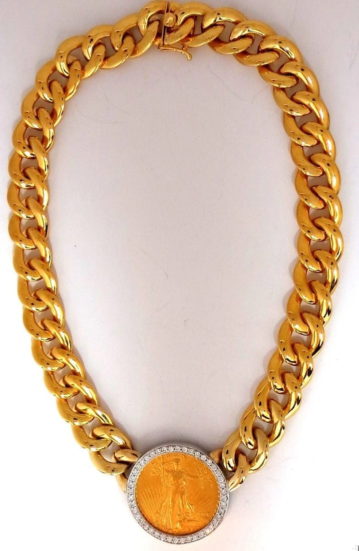 1908 LIBERTY FINE GOLD COIN 2.00CT DIAMONDS LINK NECKLACE 10286**: 1908 LIBERTY FINE GOLD COIN 2.00CT DIAMONDS LINK NECKLACE 10286** $25,000.00 PRODUCT DESCRIPTION $20 1908 Liberty Fine Gold Coin & Cuban wide link Necklace Coin in B- condition. Flying eagle o