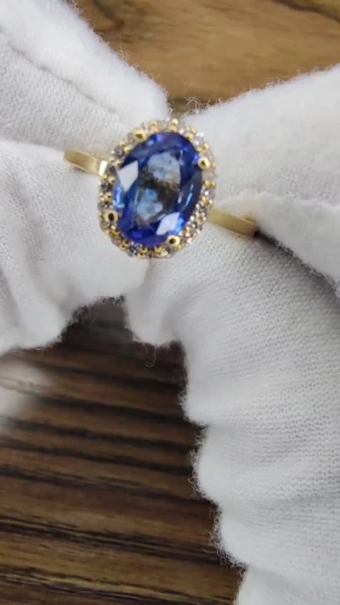 2.18ct natural vivid blue sapphire diamonds ring 18kt petite halo *v - 2