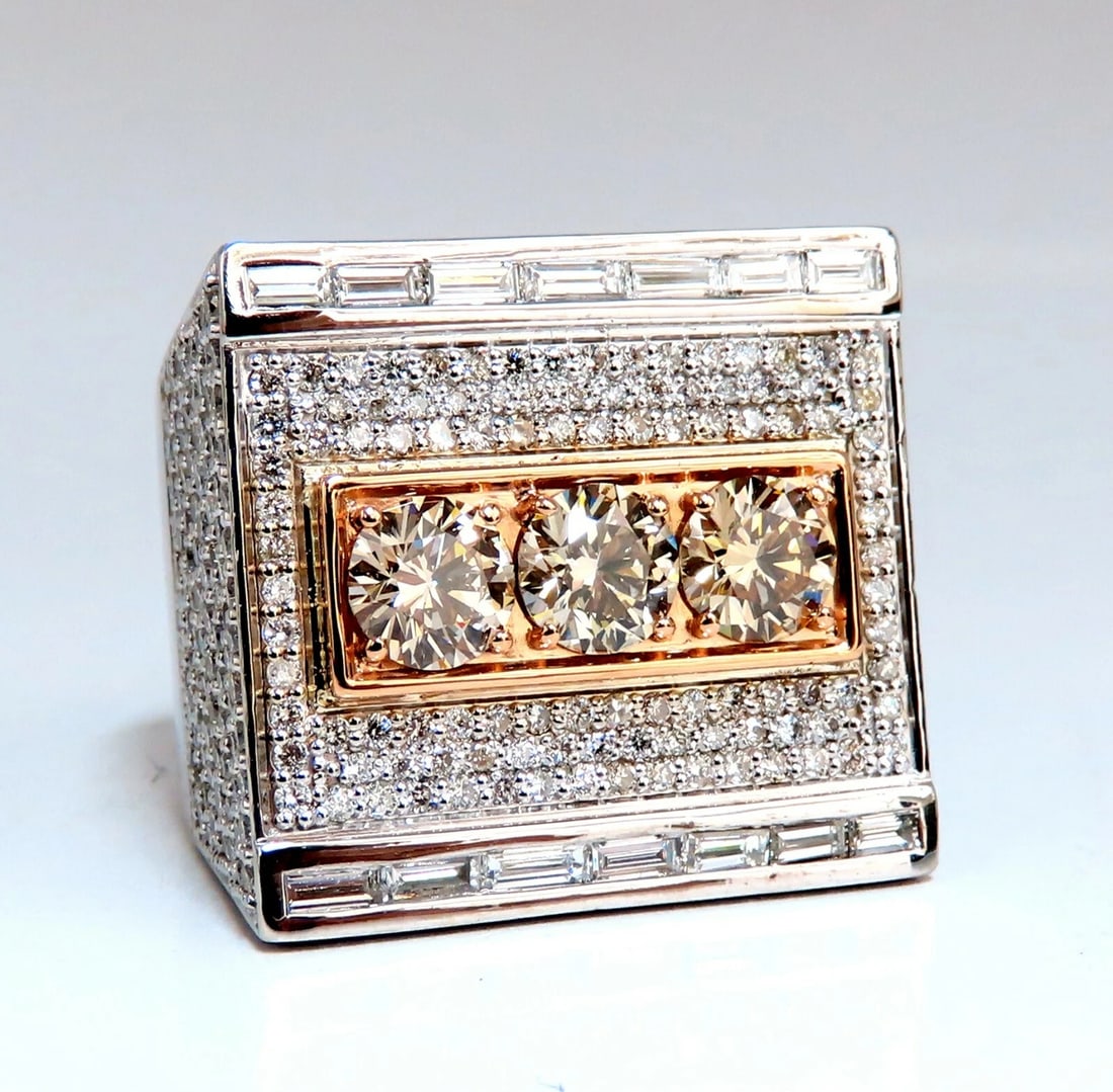 Natural Light Fancy Yellow Green Diamonds Mens Ring 18 Karat Big & Tall Grande**: Men's Big & Tall Freedom Boxer Grande ring. Intricate Bead set rectangular cluster. 2.80ct Natural (3) Fancy Light Yellow Greens Rounds, Full Cut Brilliants Vs-2 clarity 1.00ct Natural Baguette Diamon