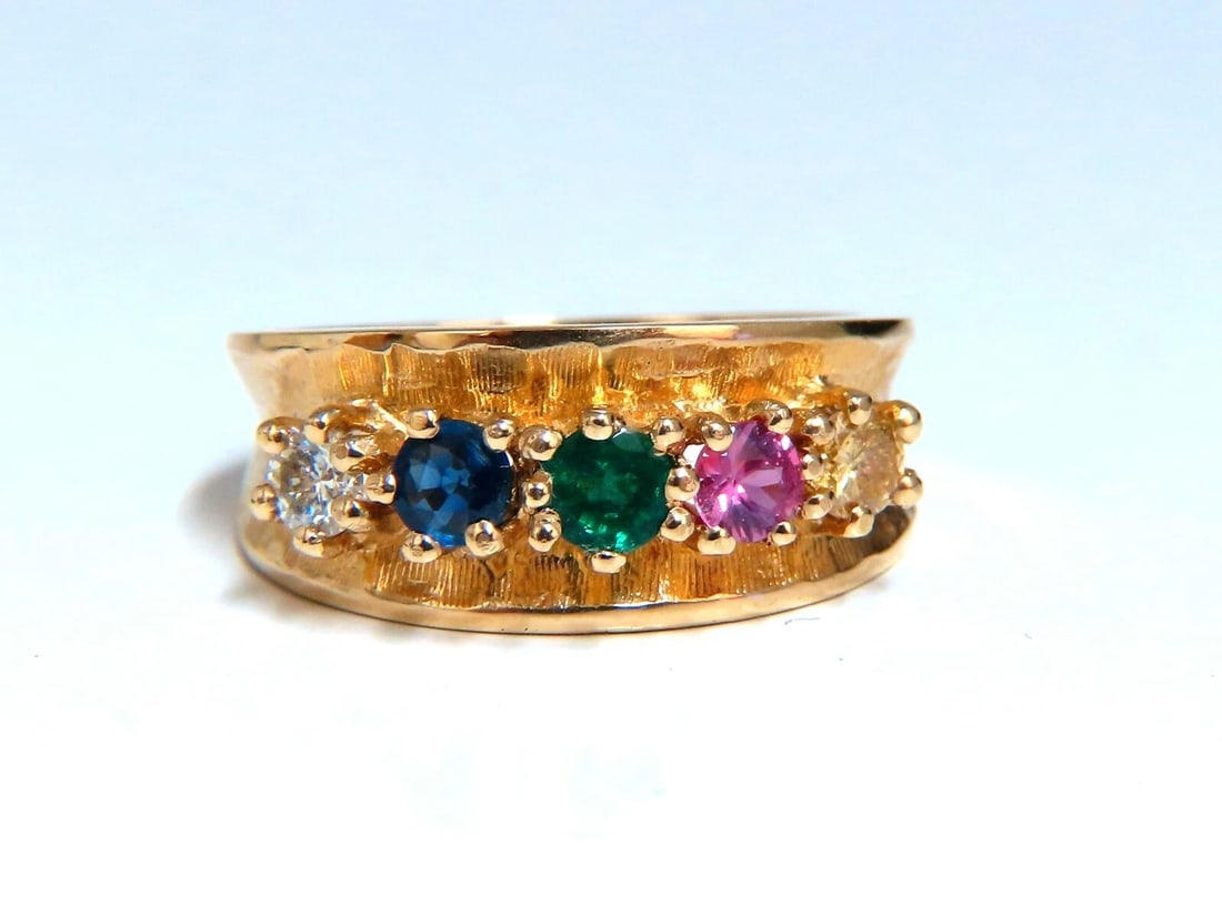 1.25ct Natural Sapphire Emerald & Diamond Mothers 5 Ring 14 Karat *v: Natural Multi-Gem Mother's 5 Stone Ring .25ct Round Diamond .25ct Pink sapphire .25ct Blue Sapphire .26ct Natural Emerald .24ct Yellow sapphire Round, Full Cuts. Ring is 8.8mm Wide Depth: 5.1mm Clean 
