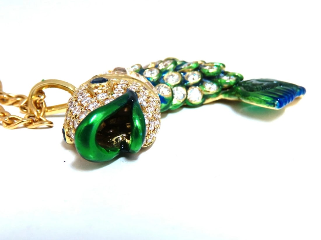 10.12ct Natural Sapphire Emerald & Diamonds Enamel Fish Pendant 18kt ** - 4