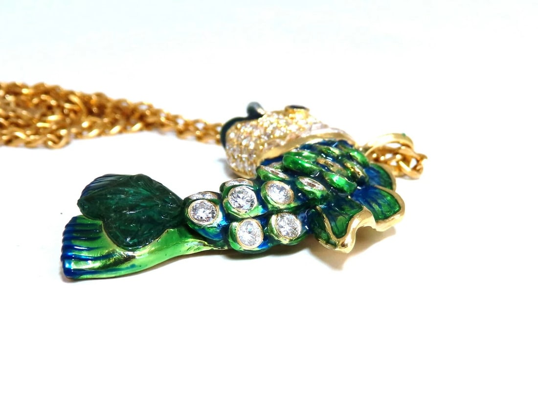 10.12ct Natural Sapphire Emerald & Diamonds Enamel Fish Pendant 18kt ** - 5