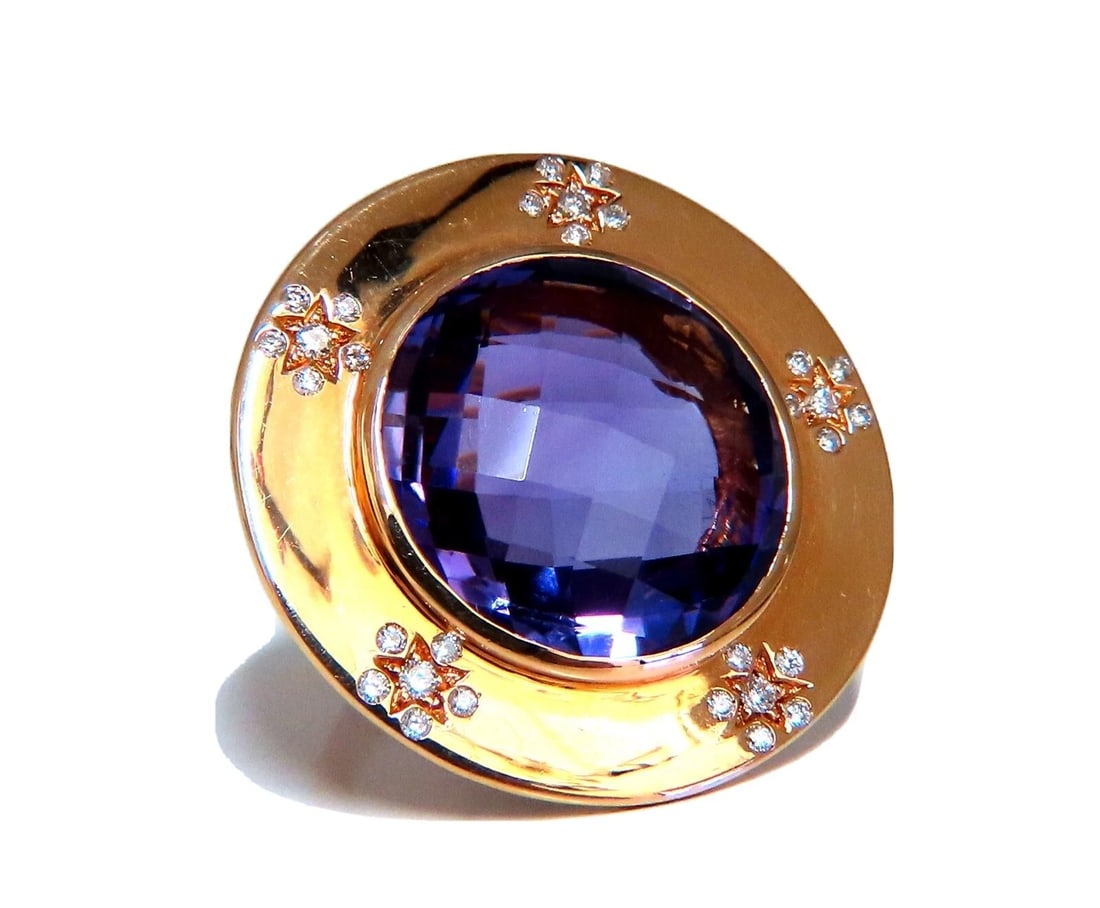 Designer Garavelli 17ct Natural Amethyst Diamonds Ring 18kt Italy *v: Garavelli natural amethyst and diamonds ring. 17ct round purple rose cut checkerboard amethyst. 18.5 mm wide .50 carat side round diamonds, g color vs2 quality. Diameter of ring 32.5 mm Depth of ring 