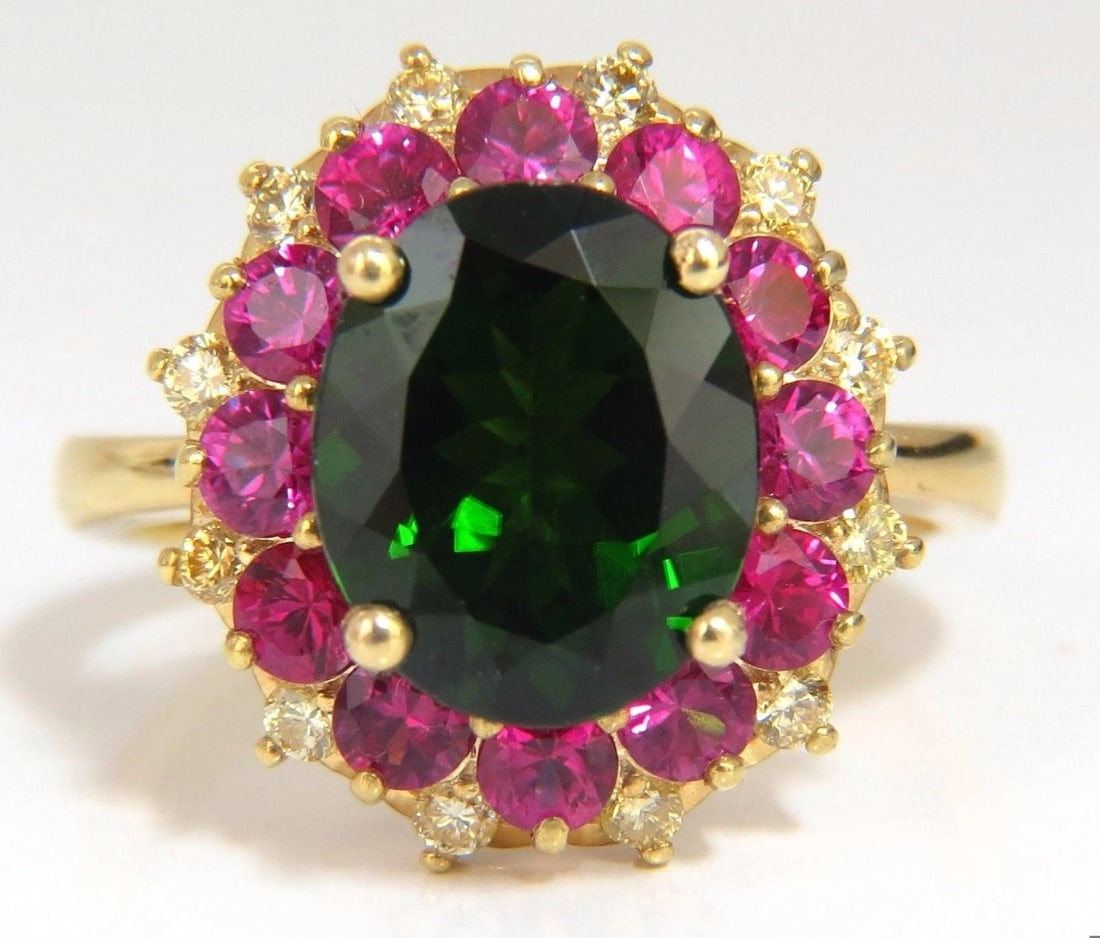 5.30ct Natural Deep Green Diopside Fancy Yellow diamonds Ruby Ring Halo 10612**: 5.30ct Natural Deep Green Diopside Fancy Yellow diamonds Ruby Ring Halo 10612** $2,500.00 PRODUCT DESCRIPTION Natural Green Diopside Multi-Halo Cluster 3.40ct Oval, Full cut Brilliant Natural Diop