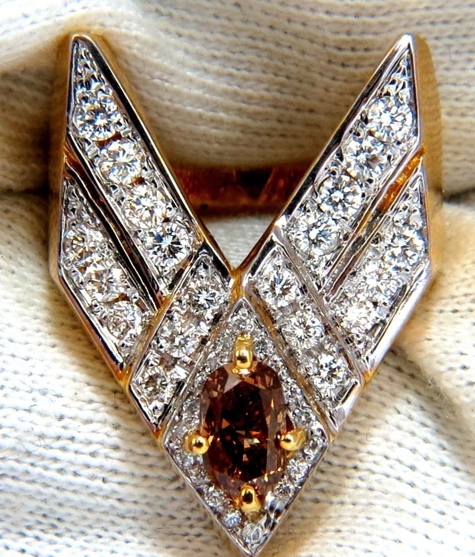 2.50ct DIAMONDS CHEVRON STATEMENT RING NATURAL FANCY COLOR DIAMOND 14KT *v: ONLY MAGNIFICENT JEWELS 1.00ct. Natural Fancy Cognac color diamond 1.50ct. side diamonds, in french pave setting. Diamonds: G-color, Si-1 clarity. 14kt. yellow gold. Item: 14.0gms. free sizing and