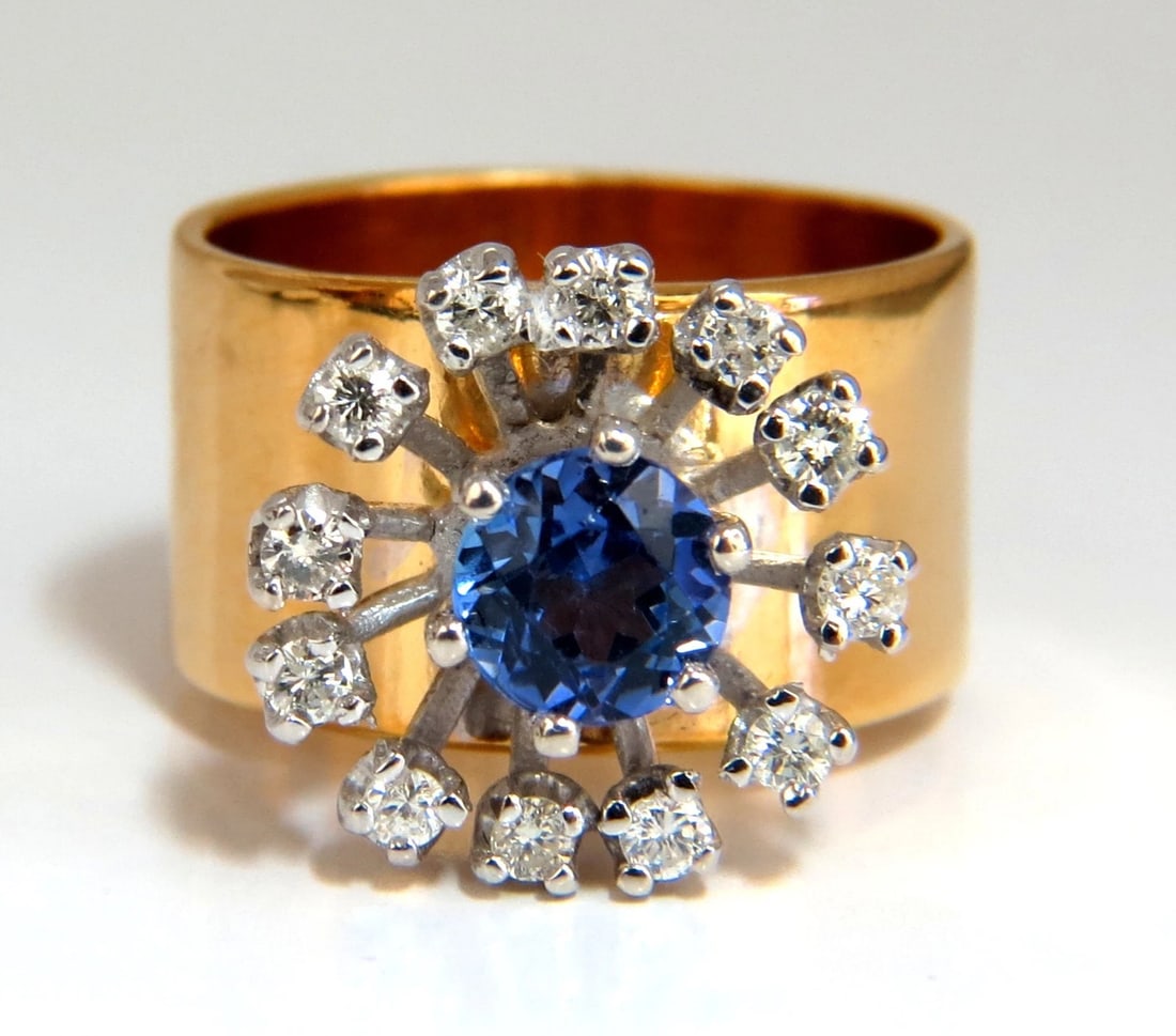 1.46ct natural round tanzanite diamonds ring 14kt cluster halo *V: Tanzanite Cluster Halo On Band 1.10ct. Natural Tanzanite Very clean clarity A+ superb transparency The Fine Gem Violetish blue tanzanite 6mm Diameter .36ct. diamonds. Rounds and full cuts. H color,