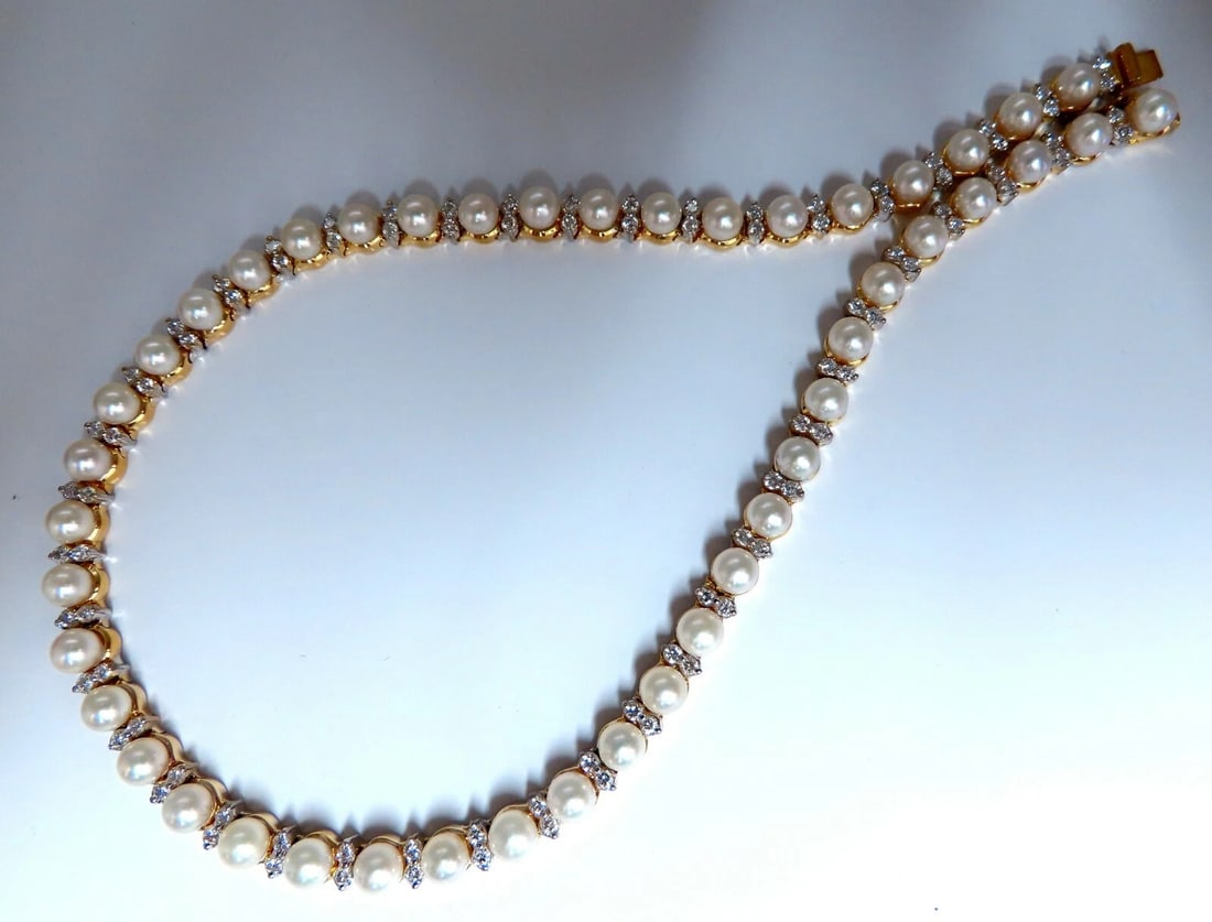 3.03ct Natural Akoya Pearls & Diamonds Riviera Necklace 14kt**: Pearls & Diamonds Riviera Necklace 3.03ct. Natural Round brilliant diamonds. F/G colors Vs-2 clarity. 6mm natural Akoya pearls. 45 count 14kt. yellow gold 53.4 grams. Each Section: 6mm wide Comfortabl