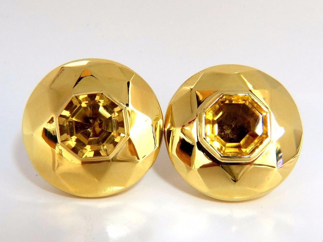 26.00ct Retro Mod Natural yellow golden citrine clip earrings 18kt dome 10373**: 26.00ct Retro Mod Natural yellow golden citrine clip earrings 18kt dome 10373** $6,000.00 PRODUCT DESCRIPTION Retro Mod Dome Puff Clip 26.00ct. Natural Citrine earrings Clean Clarity, Vivid Go