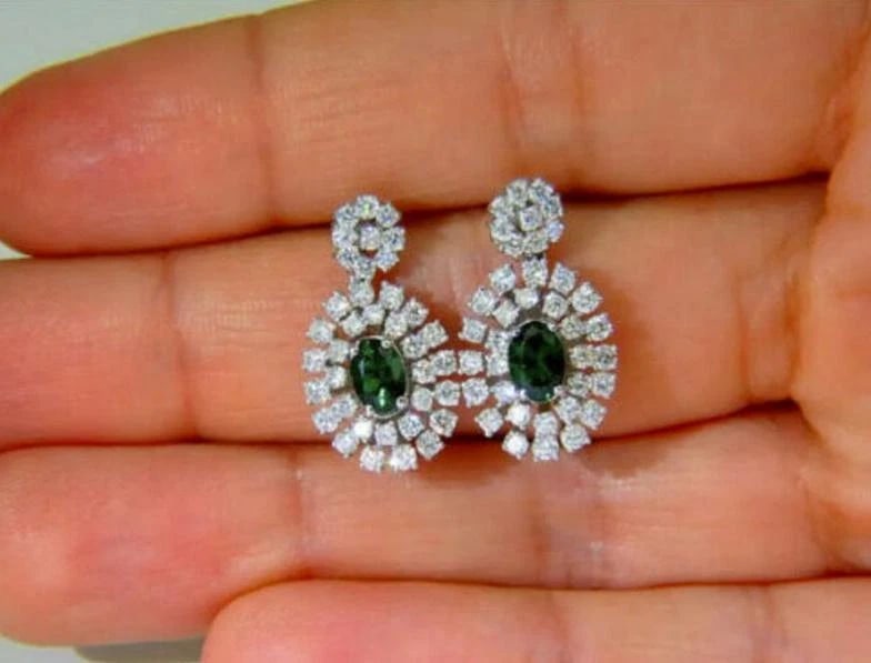 3.08 Carat Natural Tsavorite Diamonds Dangle Earrings 14 Karat Ref 12305** - 2