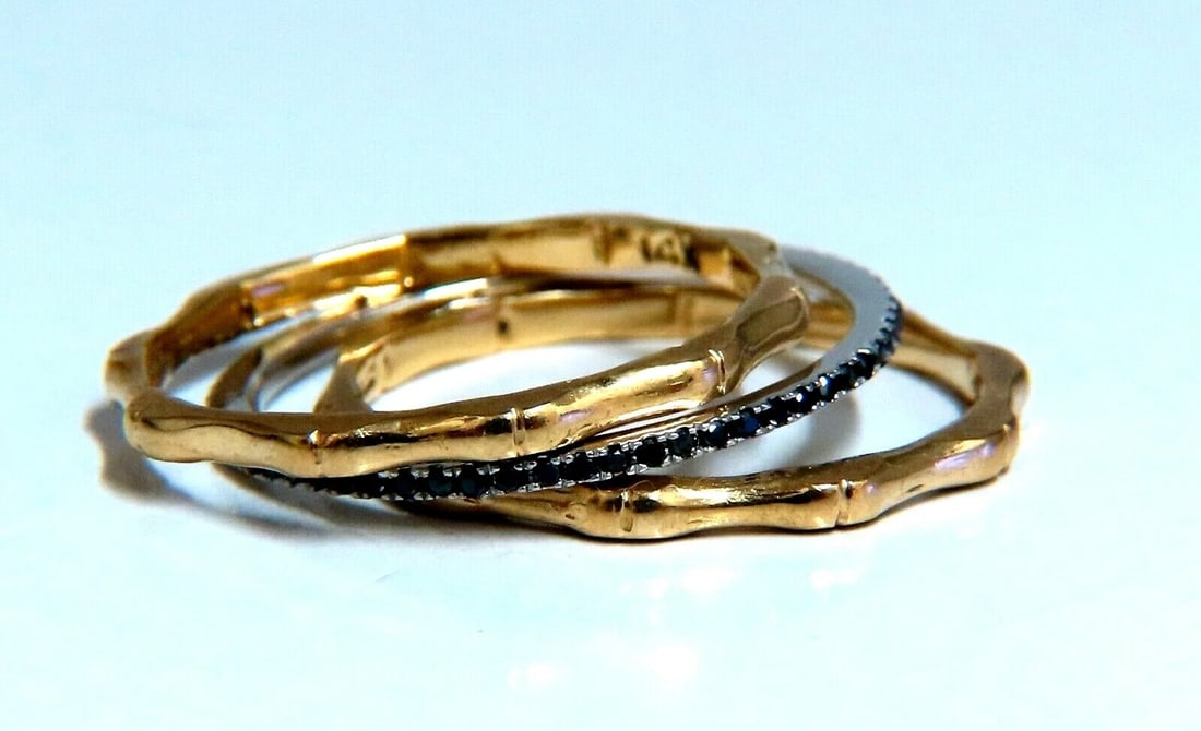 .40ct Natural Black Diamonds & Bamboo Deco Bands Stacking Rings 14kt gold *v: (2) Bamboo Bands & (1) Black Diamond Eternity Band. .40ct. Natural round cut brilliant Black diamonds 14kt white & yellow gold. 2.9 Grams Overall Each ring: 1.6mm diameter Depth: 1.4mm Current ring si