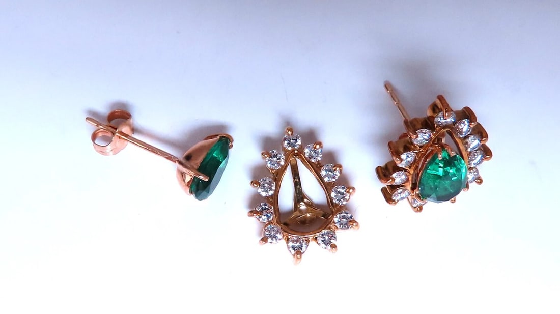 Lab Created Emerald Natural Diamond Stud Earrings Jacket & Solitaire 14kt Gold** - 3