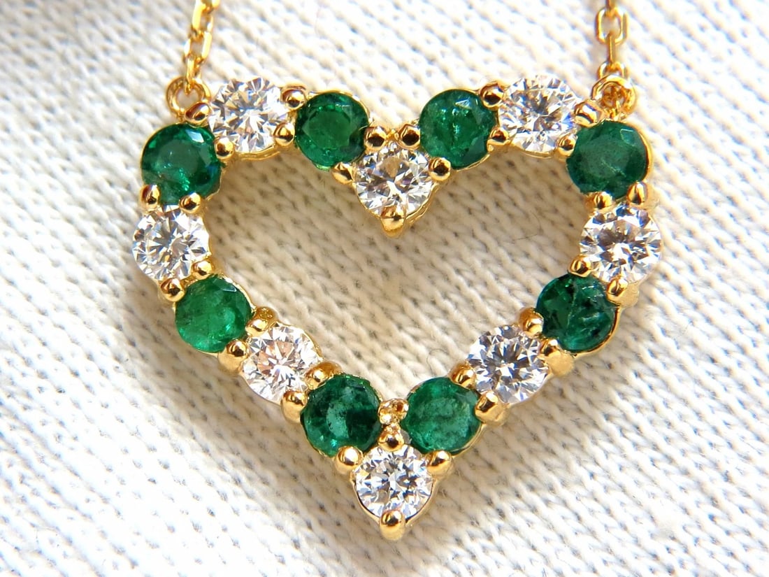 Natural Emeralds & Diamonds open heart necklace 1.84ct. 14kt G/Vs **: Loves & Sparkles. .84ct. Natural diamonds & 1.00ct natural emeralds heart necklace. Rounds, hand selected from finest parcels. Full cut and Brilliant G-color, Vs-2 clarity Emeralds, Vivid Green,
