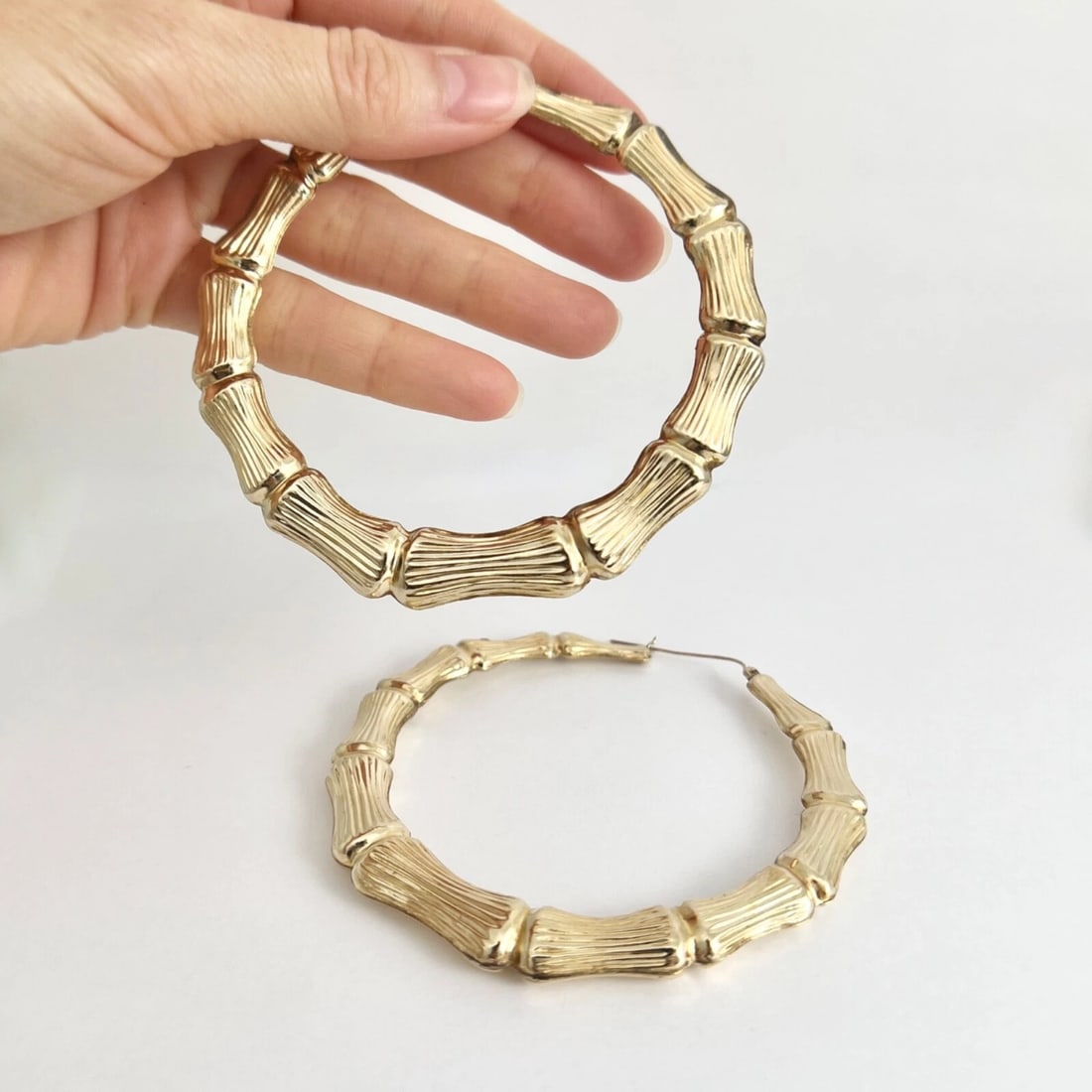 Big Bamboo Hoop Earrings 10K Yellow Gold, 3.25 Inches, 15.10 Grams - 2
