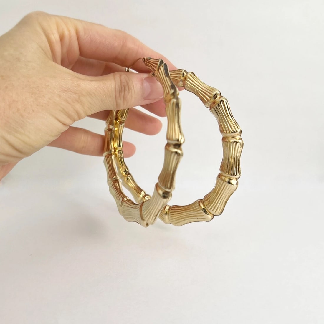 Big Bamboo Hoop Earrings 10K Yellow Gold, 3.25 Inches, 15.10 Grams - 5