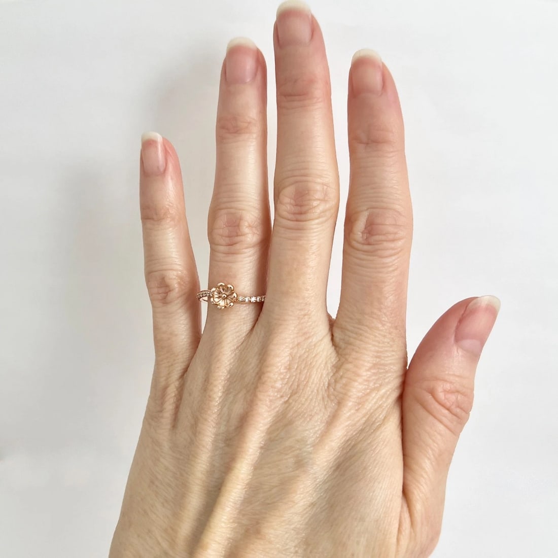 Curved Diamond Flower Ring 14K Pink Rose Gold, Size 7 - 3