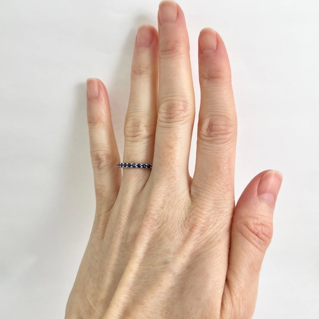 Thin Round Blue Sapphire Gemstone Band Eternity Ring 14K White Gold, 1.10 CTW - 3