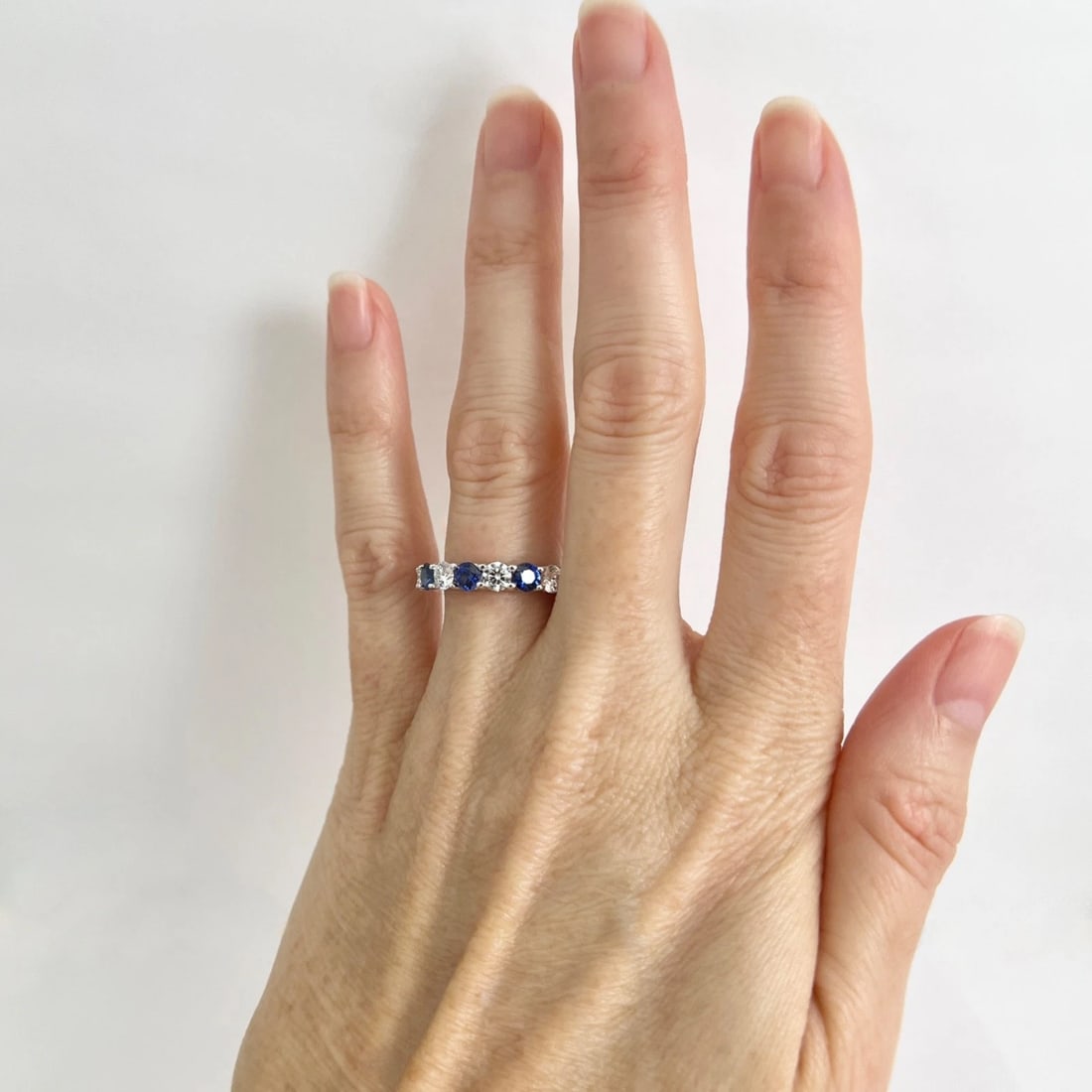Round Blue Sapphire Diamond Eternity Band Ring 14K White Gold, 3.29 CTW, Size 5 - 4