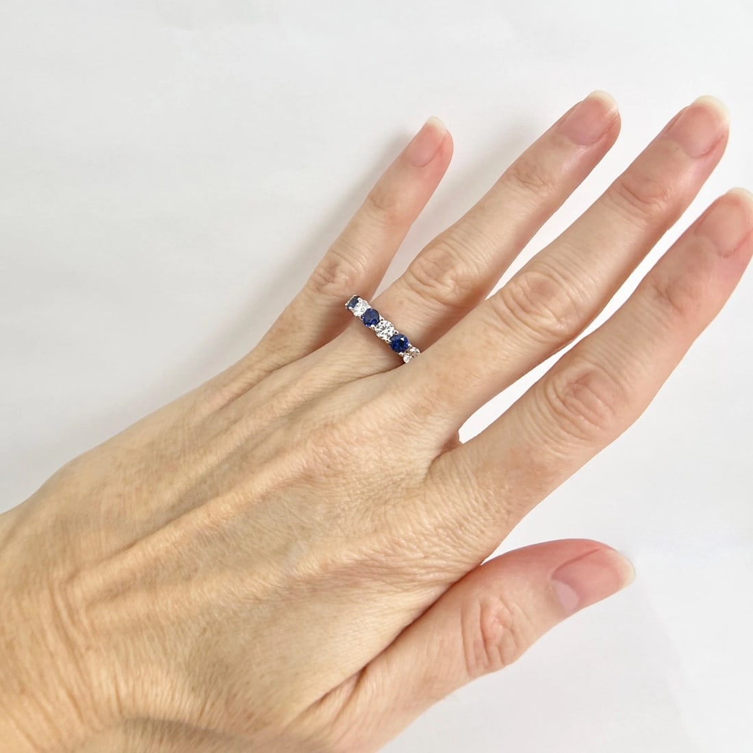 Round Blue Sapphire Diamond Eternity Band Ring 14K White Gold, 3.29 CTW, Size 5 - 5