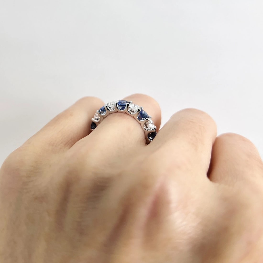 Round Blue Sapphire Diamond Eternity Band Ring 14K White Gold, 3.29 CTW, Size 5 - 6