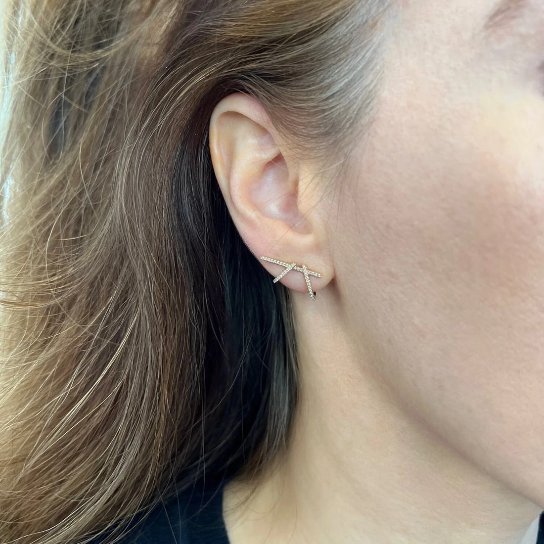 Asymmetrical Diamond Cuff Huggie Stud Earrings 14K Yellow Gold, .20 CTW - 3