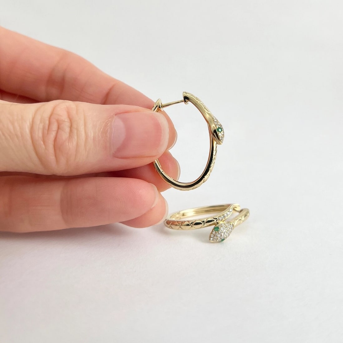 Emerald Eye Diamond Snake Hoop Earrings 14K Yellow Gold, 1 Inch, .29 CTW - 6