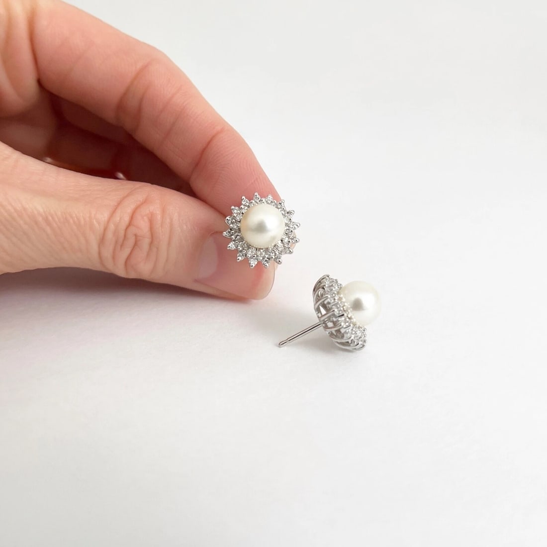 Pearl Diamond Halo Stud Earrings 14K White Gold, .50 CTW - 5