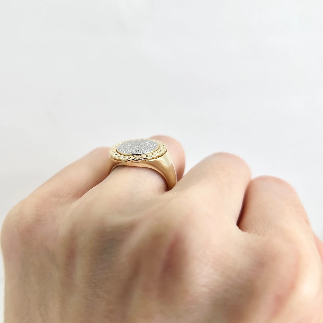 Round Pave Diamond Cuban Chain Link Halo Signet Ring 14K Yellow Gold .21 CTW - 6