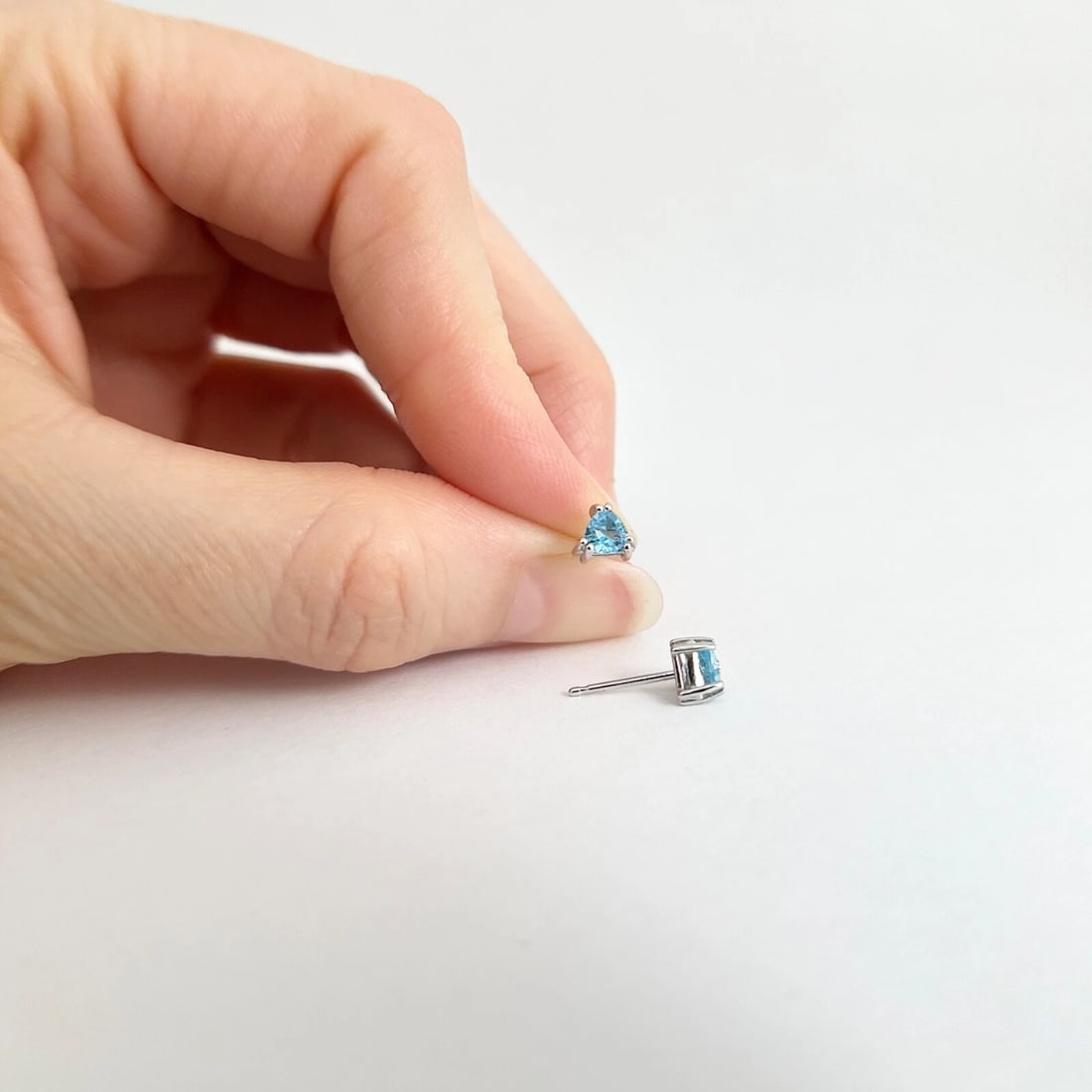 Triangle Trillion Cut Blue Topaz Gemstone Stud Earrings 14K White Gold, .52 CTW - 3