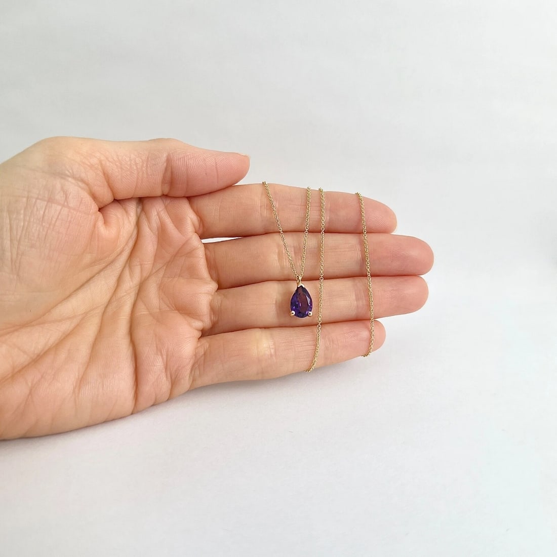 Pear Purple Amethyst Gemstone Teardrop Pendant Necklace 14K Yellow Gold, 1.40 CT - 3