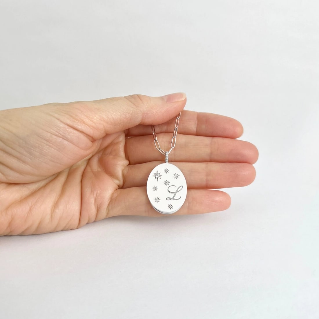 Letter L Initial Diamond Disc Paperclip Pendant Necklace 14K White Gold .11 CTW - 4