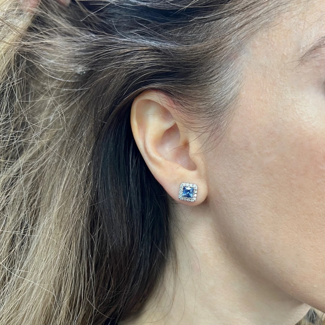 Square Blue Sapphire Diamond Halo Stud Earrings 14K White Gold, 2.16 CTW - 4