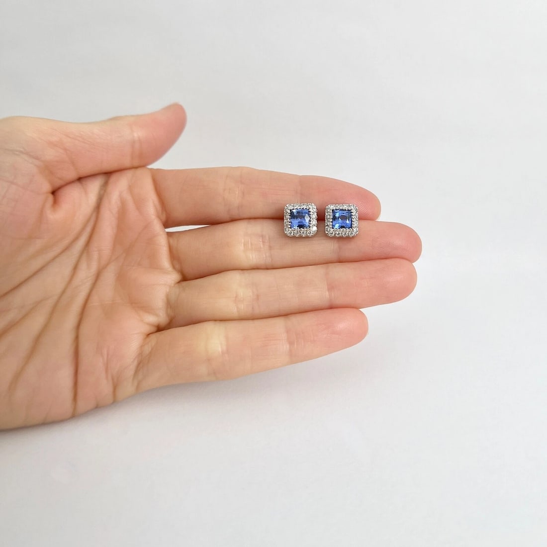 Square Blue Sapphire Diamond Halo Stud Earrings 14K White Gold, 2.16 CTW - 5