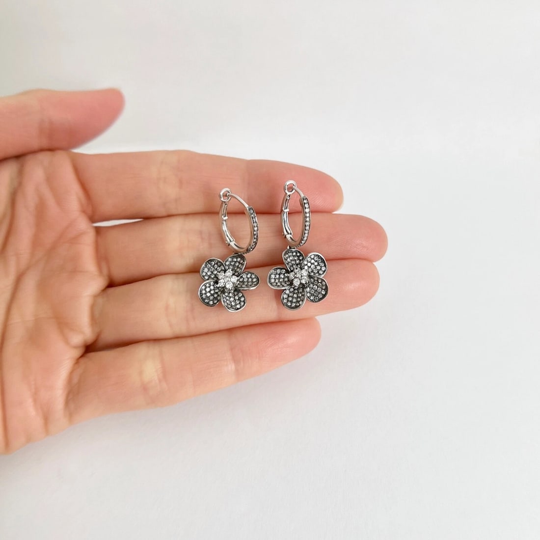 Black Diamond Flower Dangle Drop Earrings 14K White Gold, .79 CTW - 3