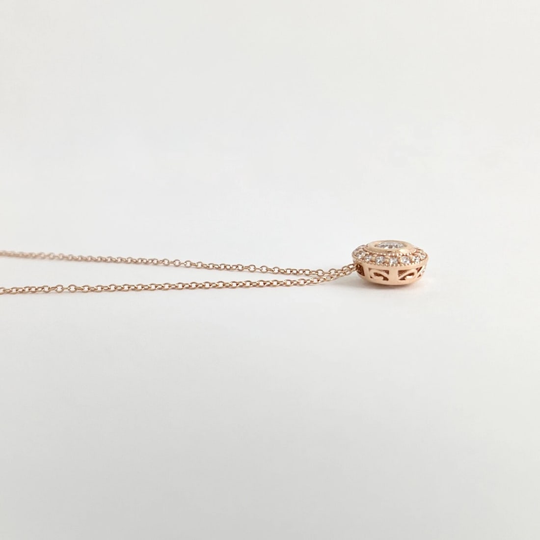 Round Diamond Bezel Halo Pendant Necklace 14K Pink Rose Gold, .52 CTW - 6
