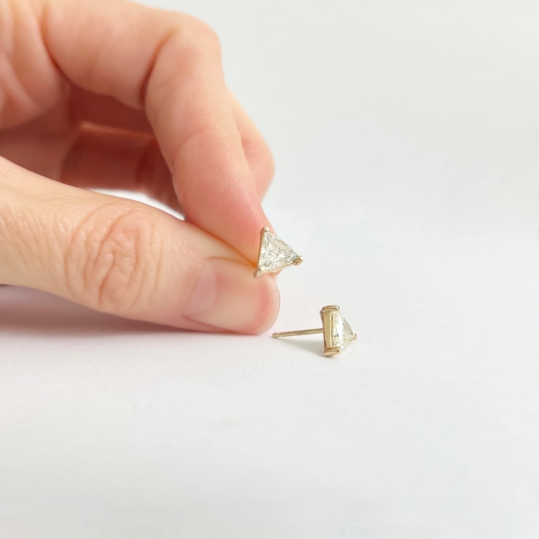 Trillion Diamond Triangle Stud Earrings 14K Yellow Gold, .96 CTW - 4