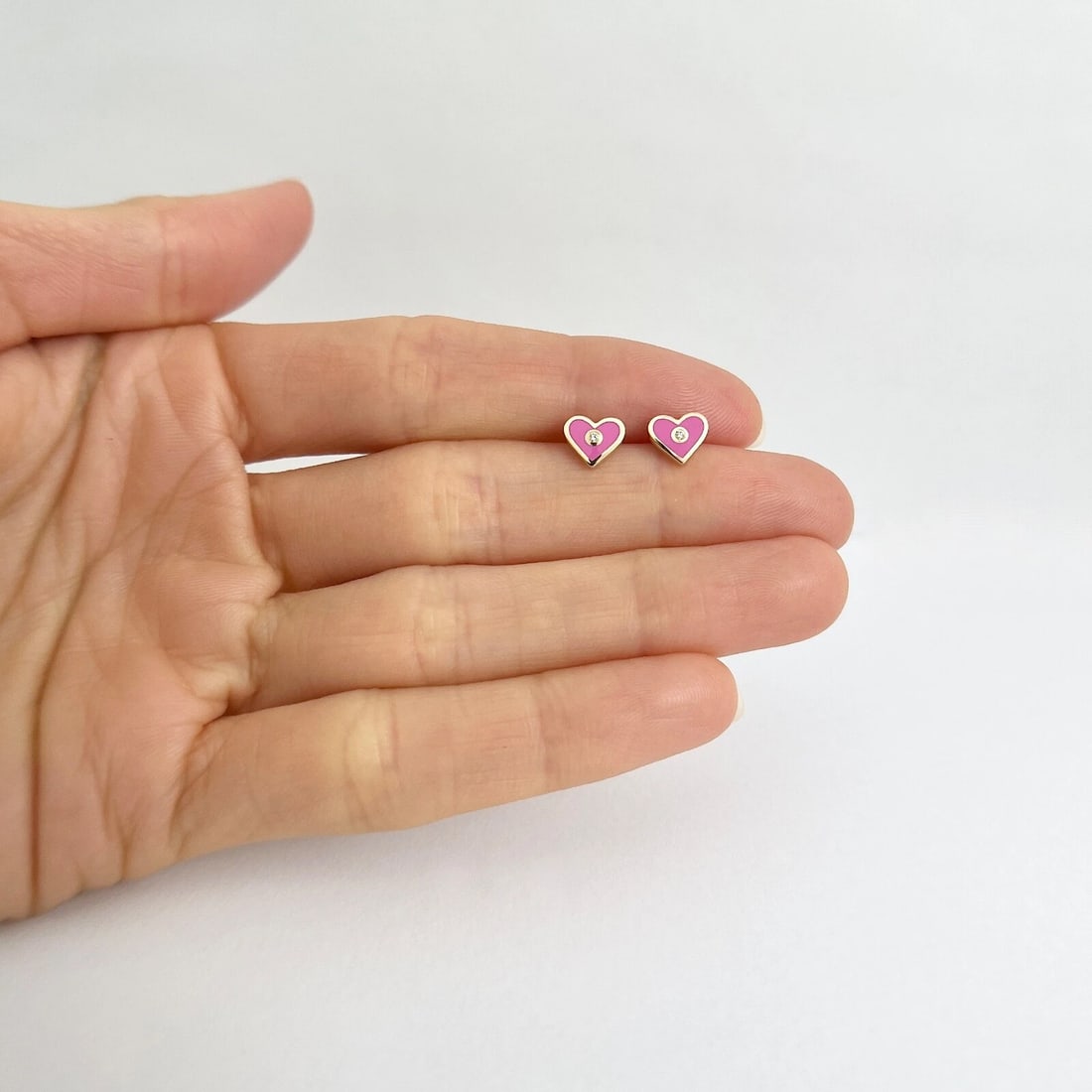 Pink Enamel Heart Diamond Stud Earrings 14K Yellow Gold .02 CTW - 5