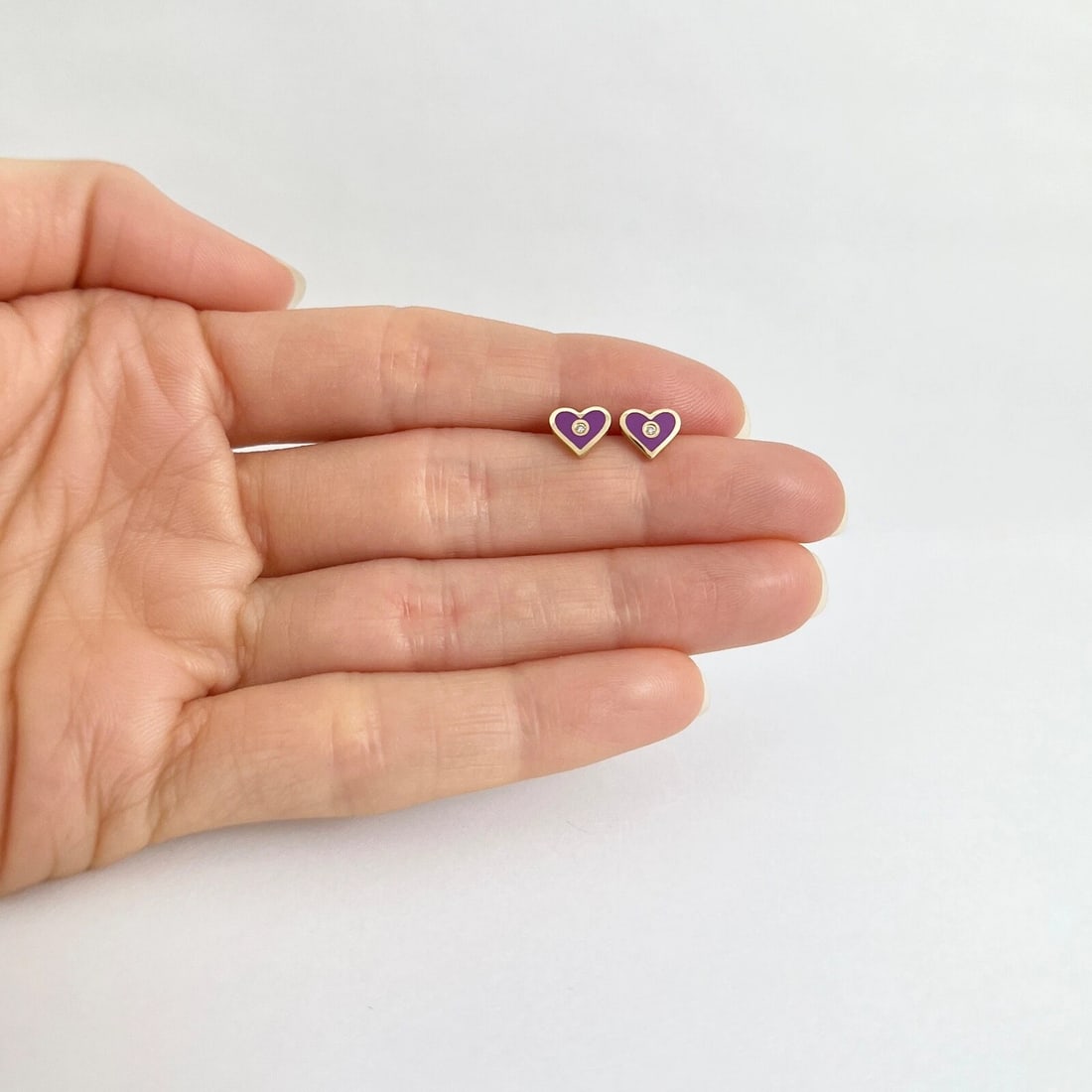Purple Enamel Heart Diamond Stud Earrings 14K Yellow Gold .02 CTW - 3