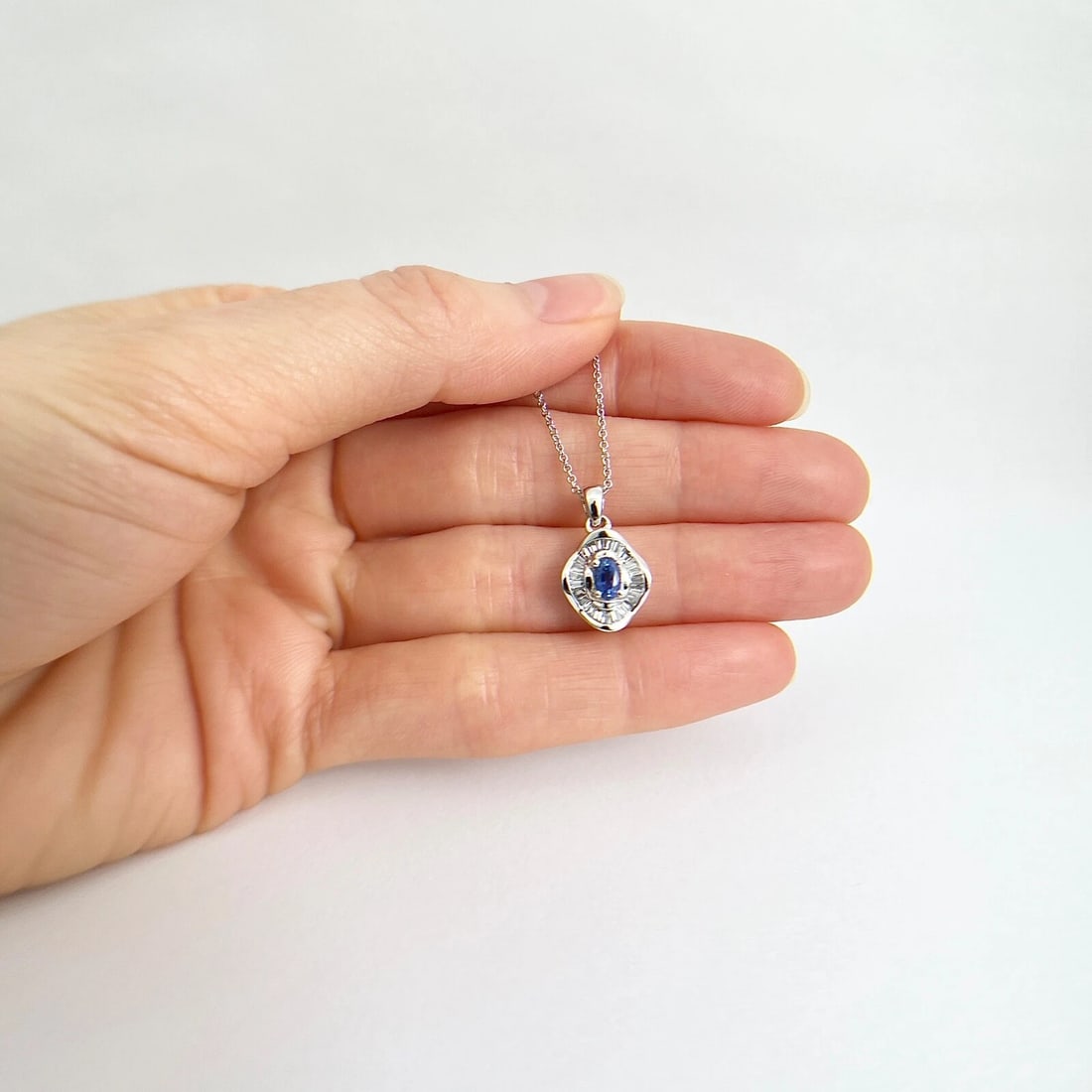 Oval Sapphire Baguette Diamond Halo Pendant Necklace 14K White Gold, .60 CTW - 3