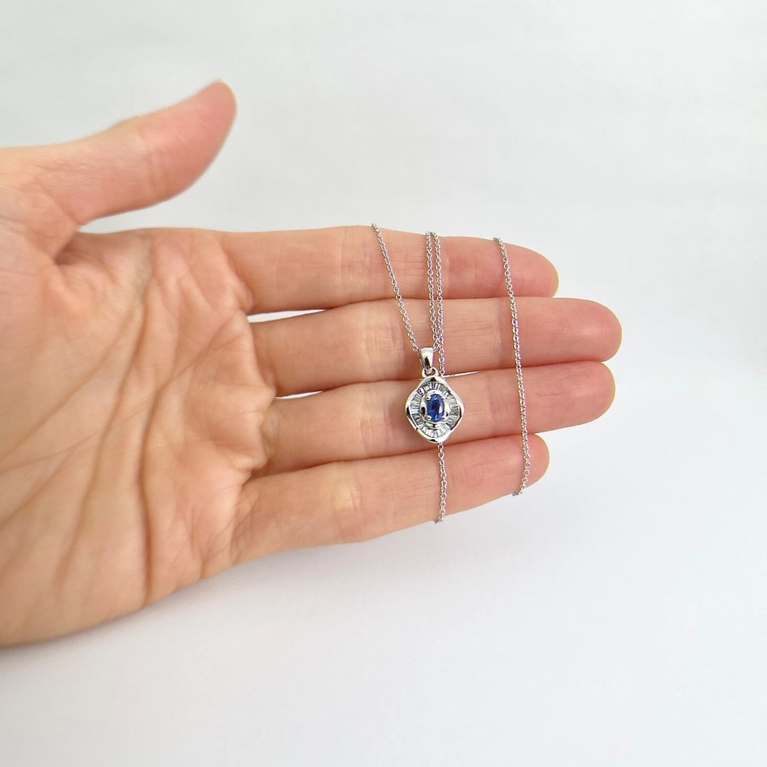 Oval Sapphire Baguette Diamond Halo Pendant Necklace 14K White Gold, .60 CTW - 4