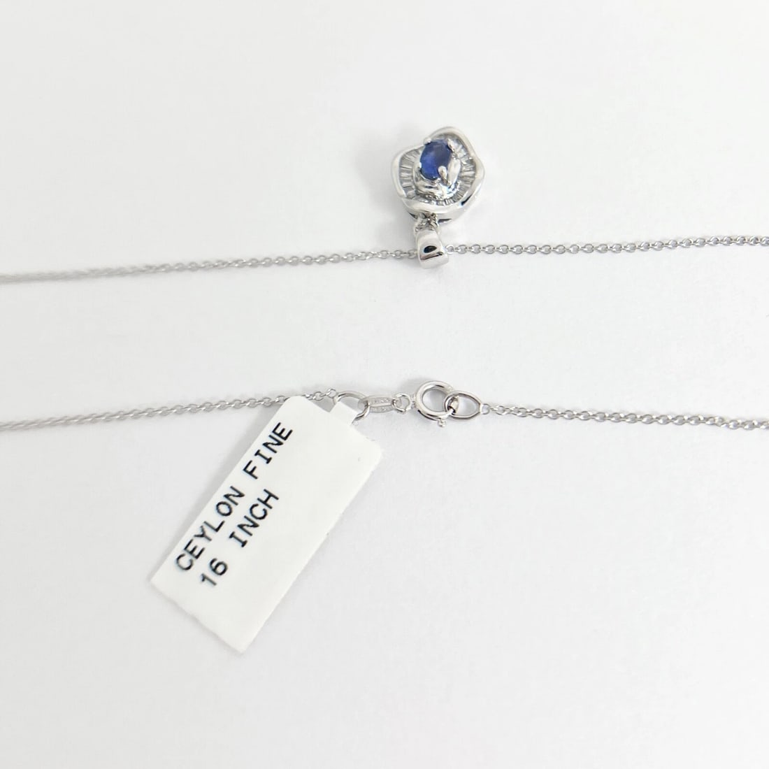Oval Sapphire Baguette Diamond Halo Pendant Necklace 14K White Gold, .60 CTW - 7
