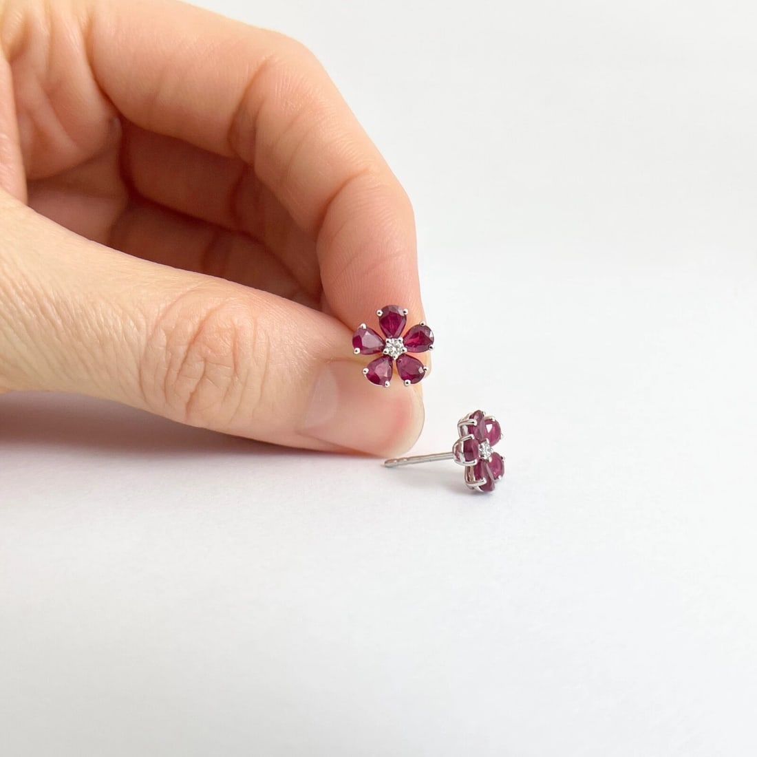 Ruby Diamond Cluster Pear Flower Stud Earrings 18K White Gold, 2.41 CTW - 3