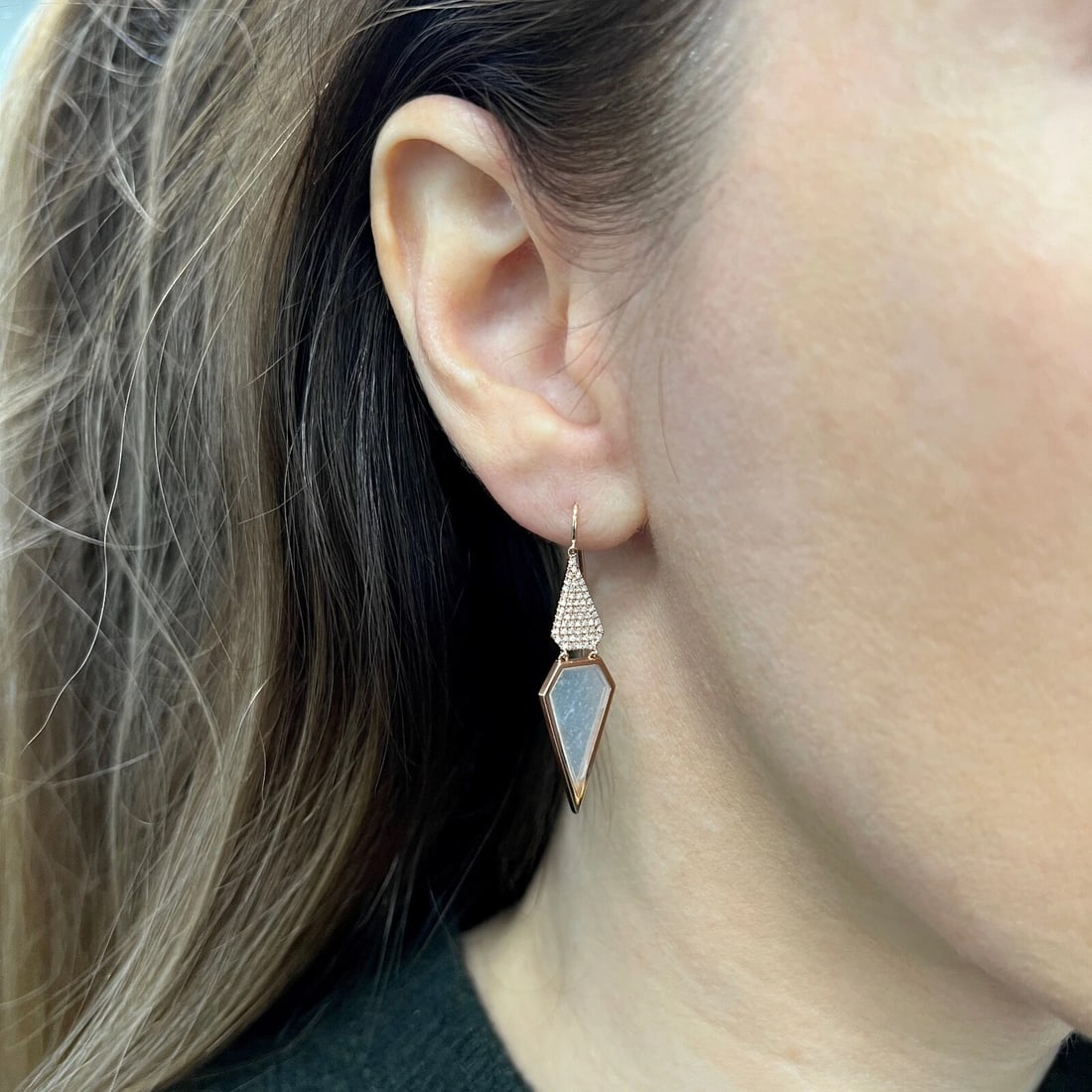 Opal Slice Diamond Geometric Dangle Drop Earrings 14K Pink Rose Gold, 2.61 CTW - 6