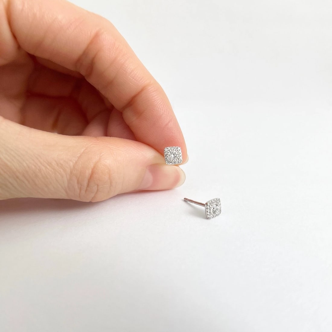 Square Cushion Halo Diamond Cluster Stud Earrings 14K White Gold .30 CTW - 4