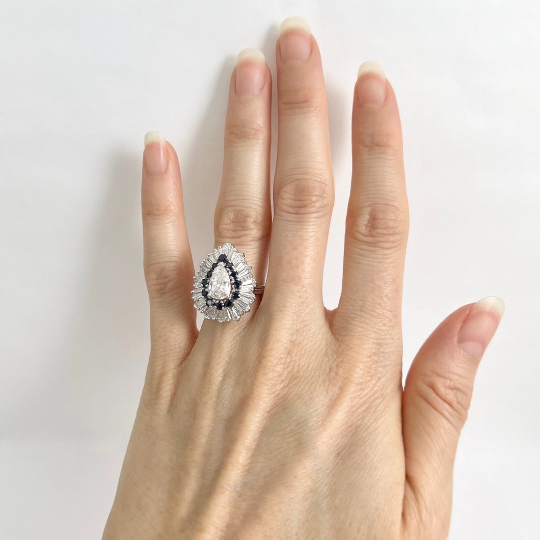 Pear Diamond Baguette Halo Blue Sapphire Cocktail Ring, Platinum, 3.84 CTW - 3