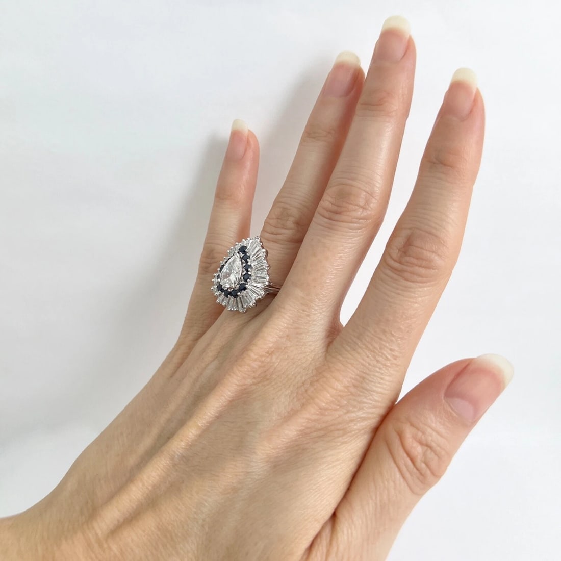 Pear Diamond Baguette Halo Blue Sapphire Cocktail Ring, Platinum, 3.84 CTW - 6